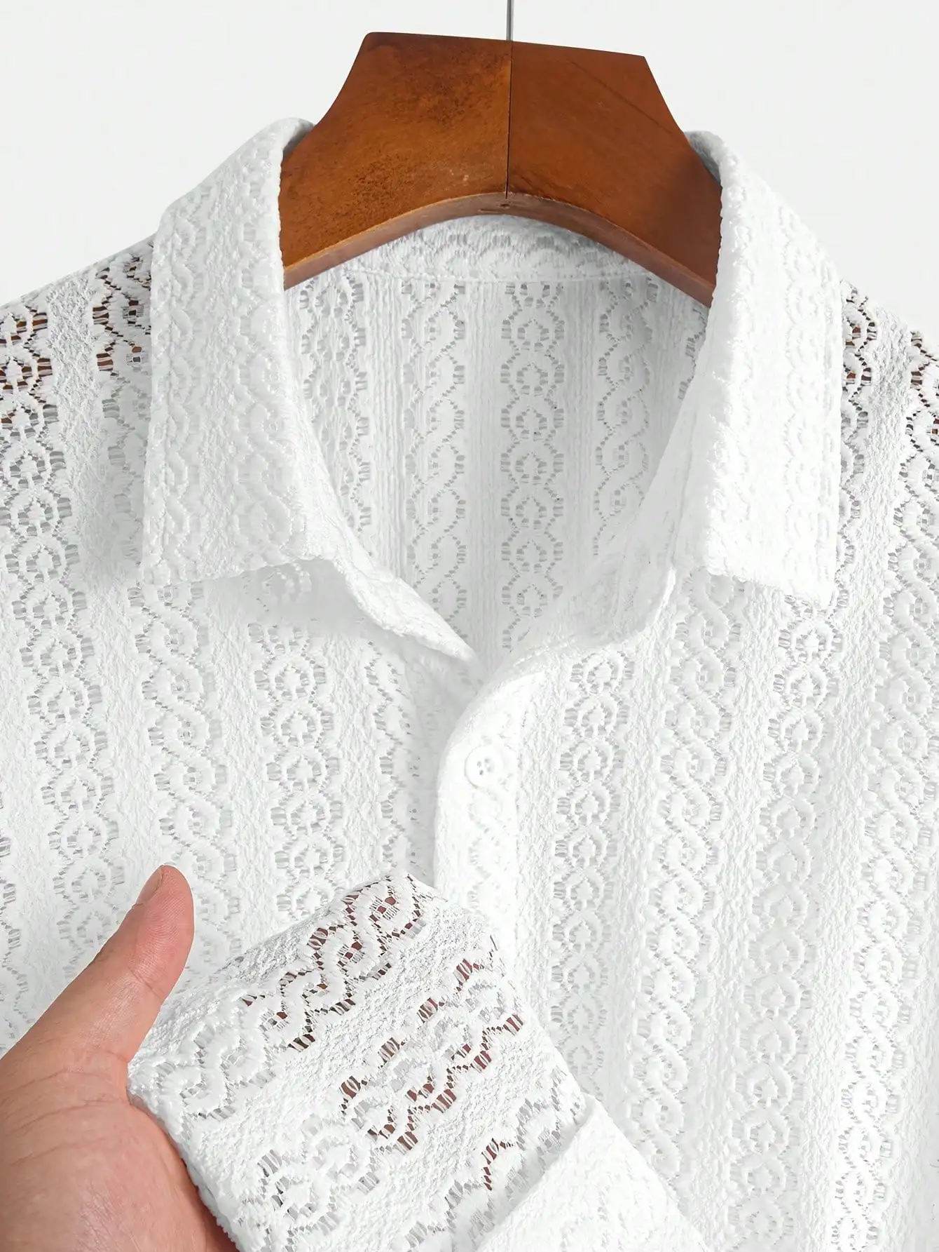 Men's White Lace Knit Button-Down Shirt with Turn-Down Collar, Lightweight Casual Summer Top
Men's White Lace Knit Button-Down Shirt with Turn-Down Collar, Lightweight Casual Summer Top