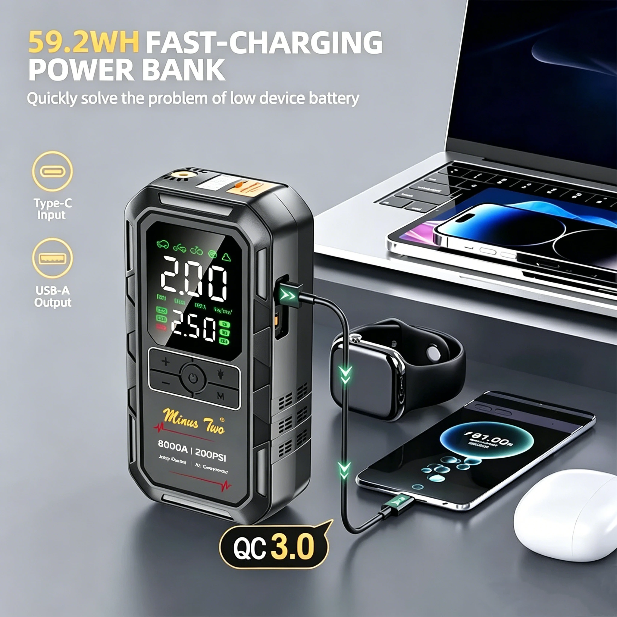 Car Jump Starter with Air Compressor 200PSI Tire Inflator Portable 12V Emergency Power Bank Booster 8000A 12V Car Bat
Car Jump Starter with Air Compressor 200PSI Tire Inflator Portable 12V Emergency Power Bank Booster 8000A 12V Car Bat