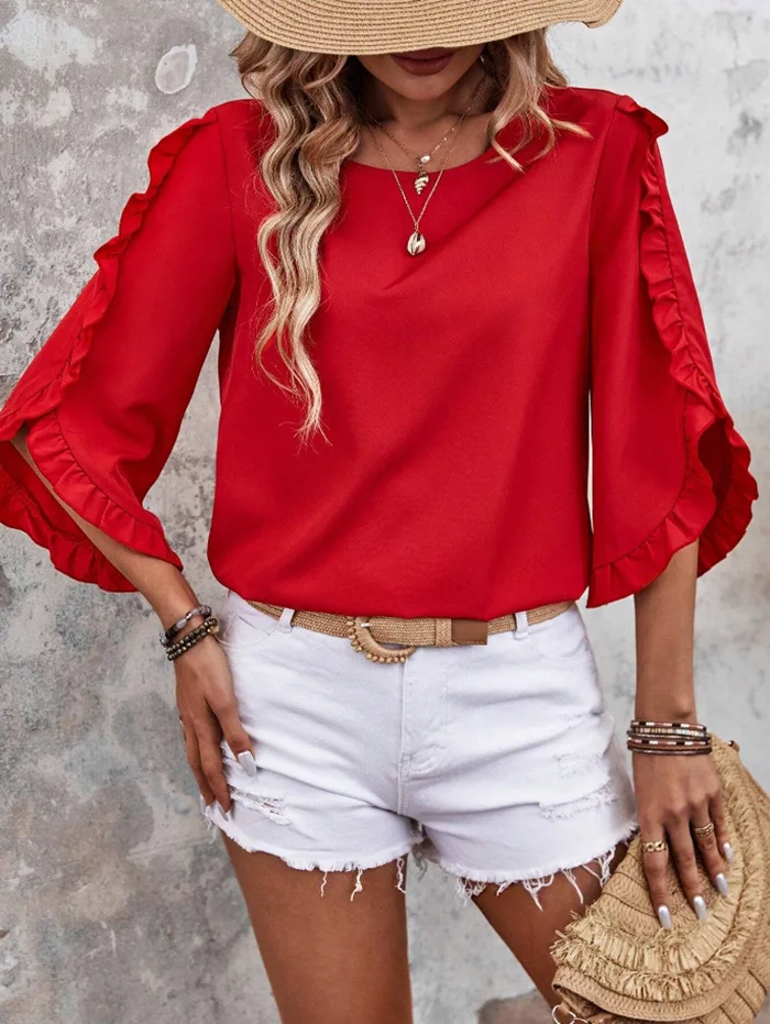 2025 Women Spring Summer Boho New Collection Solid Color Round Neck Back Buckle Fashion Lace Irregular Seven Cent Sleeve Top
2025 Women Spring Summer Boho New Collection Solid Color Round Neck Back Buckle Fashion Lace Irregular Seven Cent Sleeve Top