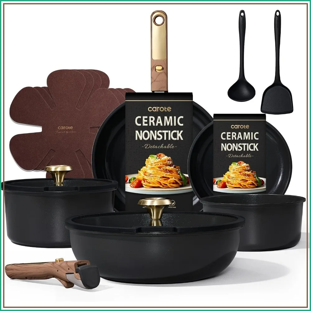 15-Piece Ceramic Nonstick Cookware Set with Detachable Handle, PFAS-Free, Oven Safe, Black & Gold
15-Piece Ceramic Nonstick Cookware Set with Detachable Handle, PFAS-Free, Oven Safe, Black & Gold