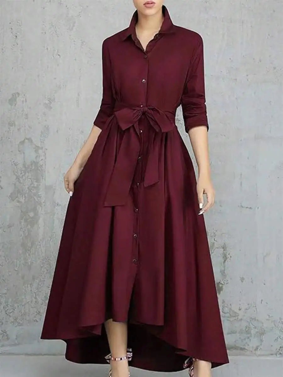 Women's Burgundy Button-Front Shirt Dress with Tie Waist, A-Line Hem
Women's Burgundy Button-Front Shirt Dress with Tie Waist, A-Line Hem
