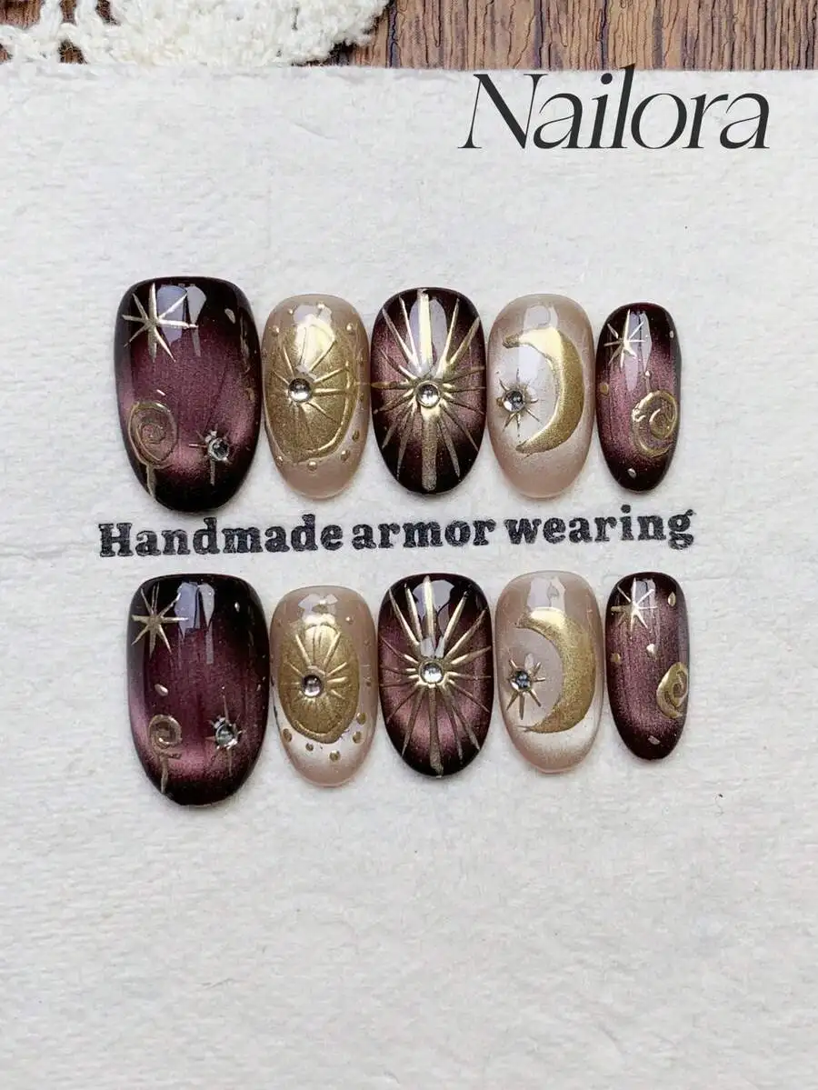 10pcs Handmade Nails Oval Nails Homemade Acrylic Press On Nails Short Purple Pourpre Gold Nails,Cateye Polka Dots Moon Star Nail
10pcs Handmade Nails Oval Nails Homemade Acrylic Press On Nails Short Purple Pourpre Gold Nails,Cateye Polka Dots Moon Star Nail