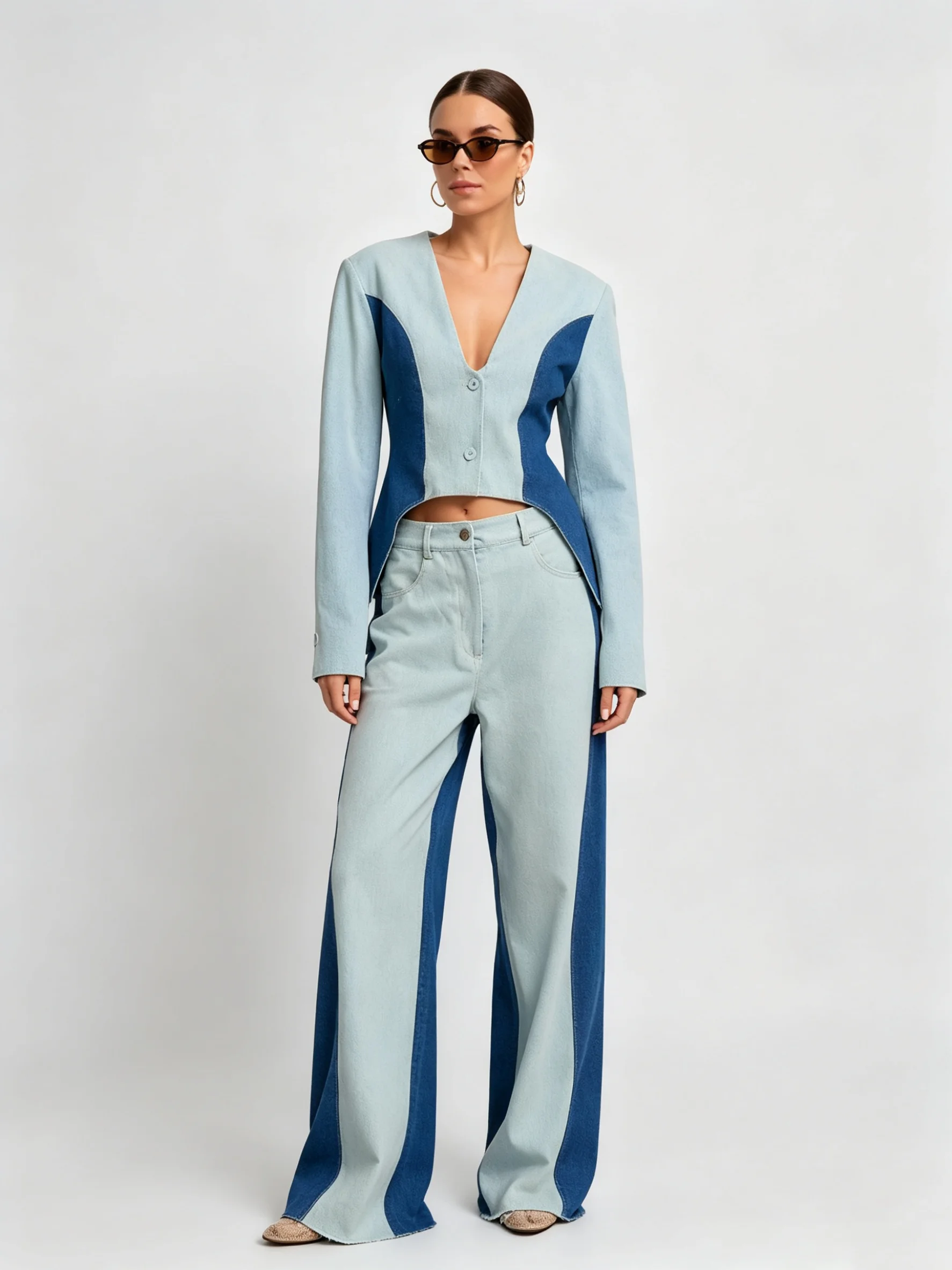 LIMO Women Color Block Denim Two Piece Set V Neck Cropped Blazer High Waist Panel Wide Leg Jeans Outfit Suit
LIMO Women Color Block Denim Two Piece Set V Neck Cropped Blazer High Waist Panel Wide Leg Jeans Outfit Suit