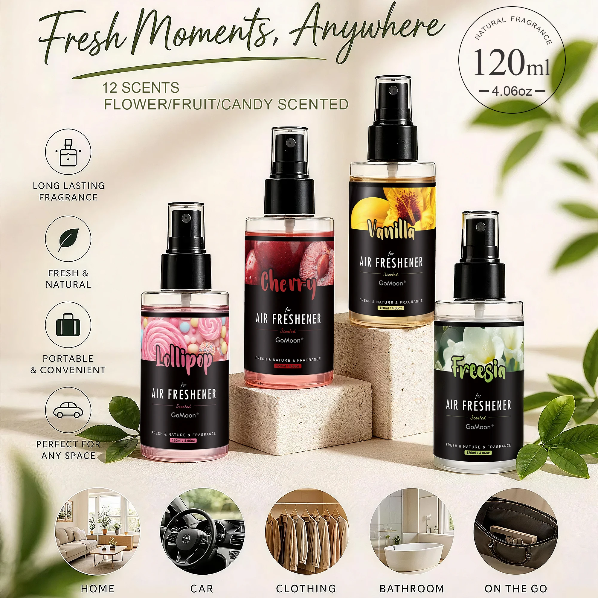flower/fruit/candy scent car fragrance spray, 120ml/4.06oz large capacity, long lasting fragrance, suitable for car, home, hotel
flower/fruit/candy scent car fragrance spray, 120ml/4.06oz large capacity, long lasting fragrance, suitable for car, home, hotel