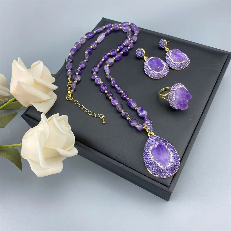 Simple Amethyst Quartz Beades Strand Necklace Ring Earring Set Turkish Style Women Luxury Jewelry Sets Mother's Day Gift
Simple Amethyst Quartz Beades Strand Necklace Ring Earring Set Turkish Style Women Luxury Jewelry Sets Mother's Day Gift