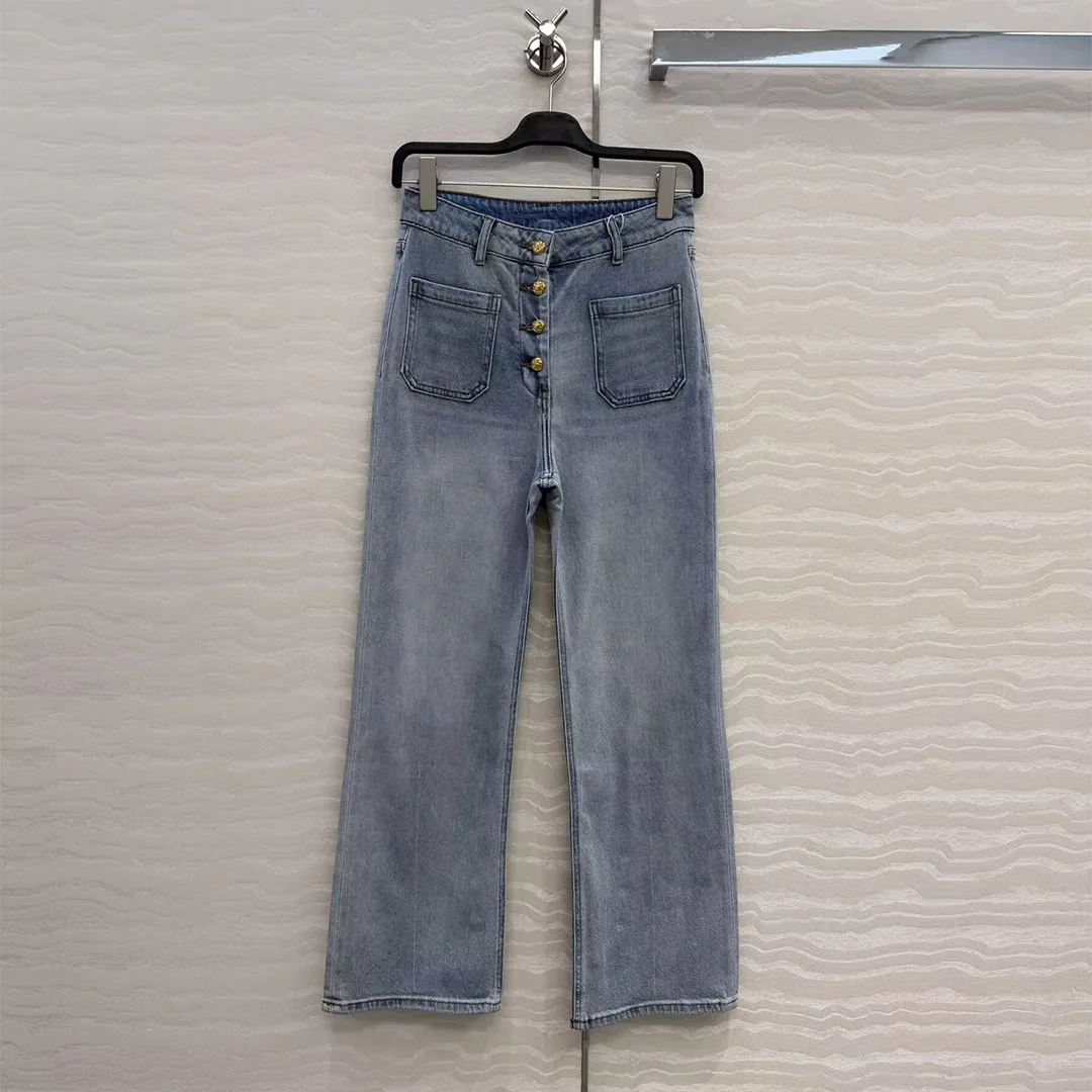 Streetwear Washed Blue Slim Flared Jeans Women High Waist Gold Single Breasted Pockets Vintage Elegant Denim Pants
Streetwear Washed Blue Slim Flared Jeans Women High Waist Gold Single Breasted Pockets Vintage Elegant Denim Pants