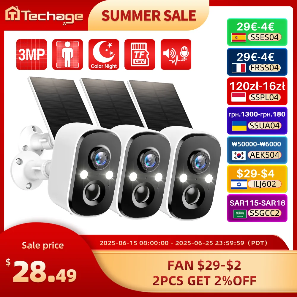 Techage 1/3/5pc 3MP Wireless Solar Battery IP Camera Security Outdoor WiFi PIR Camera 2-Way Audio Human Detect Support Alex
Techage 1/3/5pc 3MP Wireless Solar Battery IP Camera Security Outdoor WiFi PIR Camera 2-Way Audio Human Detect Support Alex