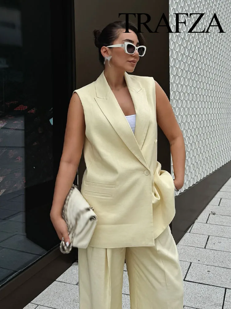 TRAFZA Women's Summer Sleeveless Suit Solid Turn-Down Collar Single-Breasted Vest Top+High Waist Zipper Long Pants Female Sets
TRAFZA Women's Summer Sleeveless Suit Solid Turn-Down Collar Single-Breasted Vest Top+High Waist Zipper Long Pants Female Sets