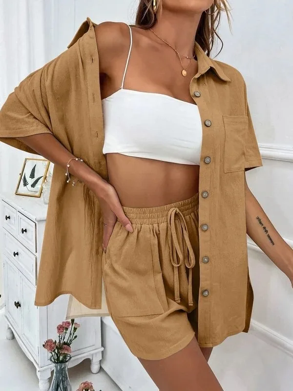 Shorts Pant Set Women Two Piece Sets Matching Sets Short Sleeve Loose Shirt Tops Lace Up Elastic Waist Pants Y2k Streetwear
Shorts Pant Set Women Two Piece Sets Matching Sets Short Sleeve Loose Shirt Tops Lace Up Elastic Waist Pants Y2k Streetwear