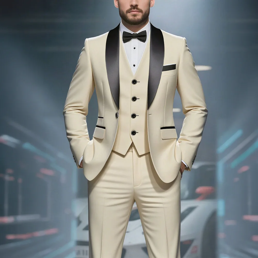 Men's 3-Piece Cream Suit — Black Satin Lapels — Groom's Wedding Tuxedo — Slim-Fit Custom Outfit for Men
Men's 3-Piece Cream Suit — Black Satin Lapels — Groom's Wedding Tuxedo — Slim-Fit Custom Outfit for Men