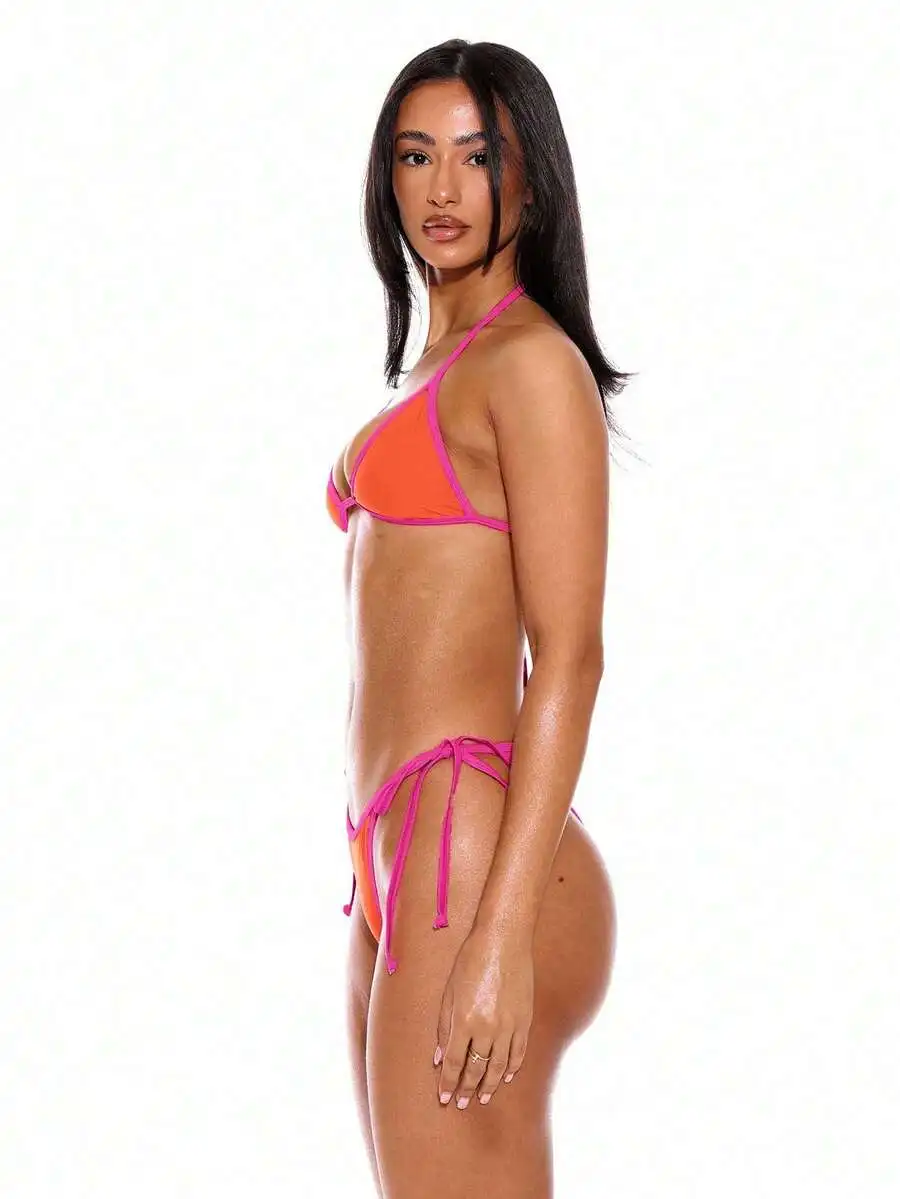 Halterneck Triangle Bikini Top Contrast Trim Solid Orange Pink Summer Beachwear
Halterneck Triangle Bikini Top Contrast Trim Solid Orange Pink Summer Beachwear