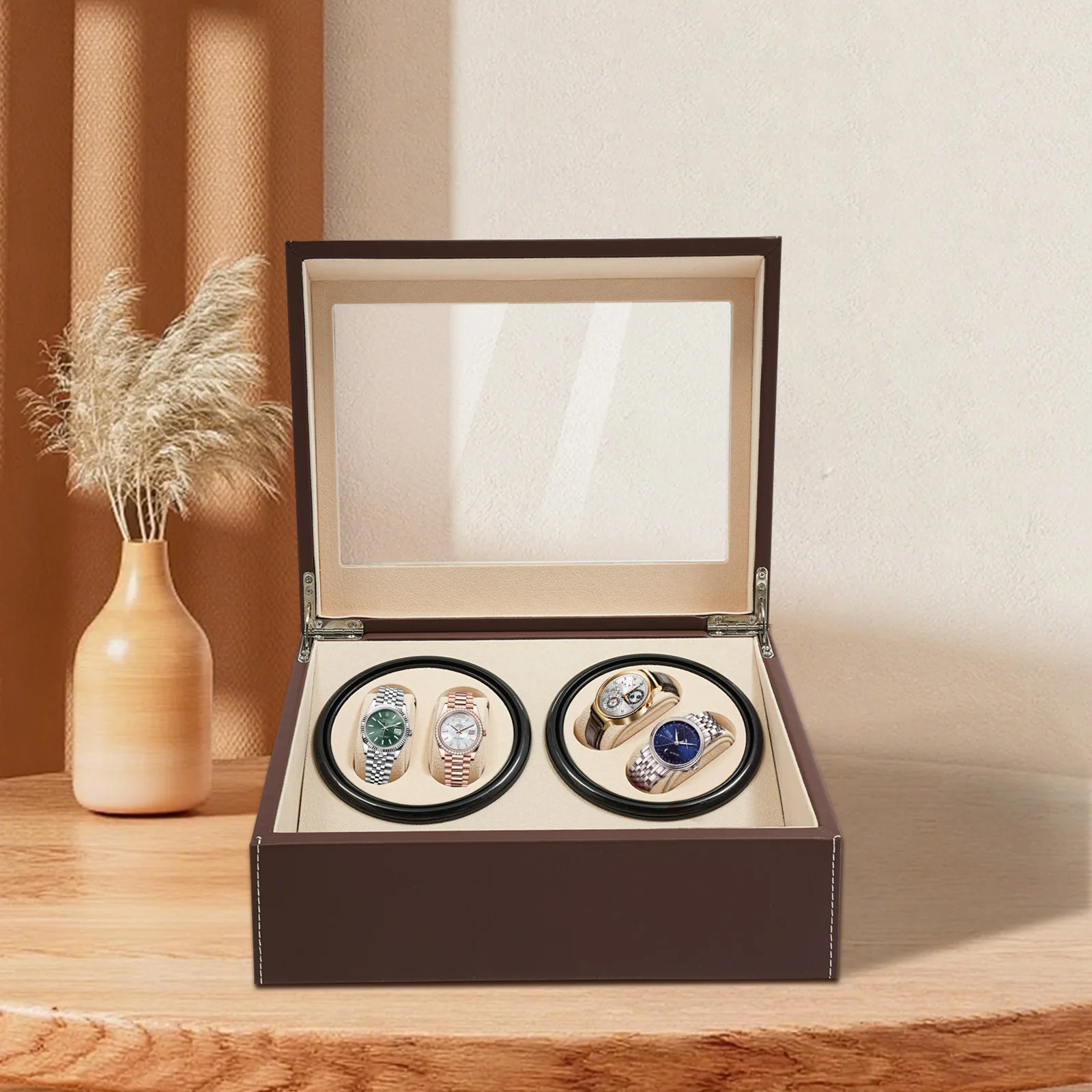 Watch Box 4+6 Brown PU Leather Watch Winder Display Case 10 Slots Automatic Winder with 6 Cushions for Watch Storage Organizer
Watch Box 4+6 Brown PU Leather Watch Winder Display Case 10 Slots Automatic Winder with 6 Cushions for Watch Storage Organizer