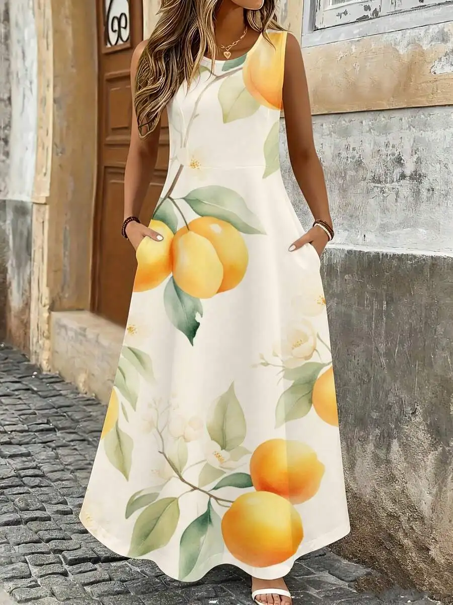 Sleeveless Maxi Dress With Orange Fruit And Leaf Print Summer Beach Vacation Outfit
Sleeveless Maxi Dress With Orange Fruit And Leaf Print Summer Beach Vacation Outfit