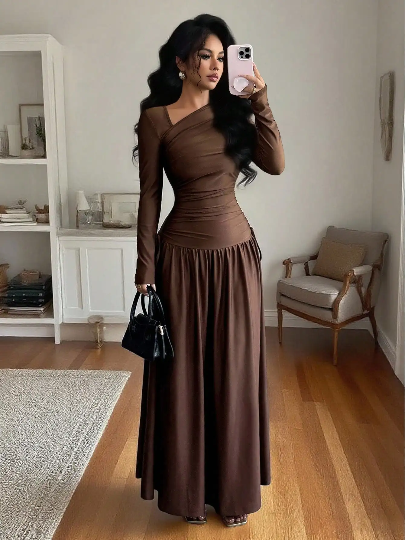 Brown Asymmetrical Neck Long Sleeve A-Line Maxi Dress with Ruched Waist
Brown Asymmetrical Neck Long Sleeve A-Line Maxi Dress with Ruched Waist