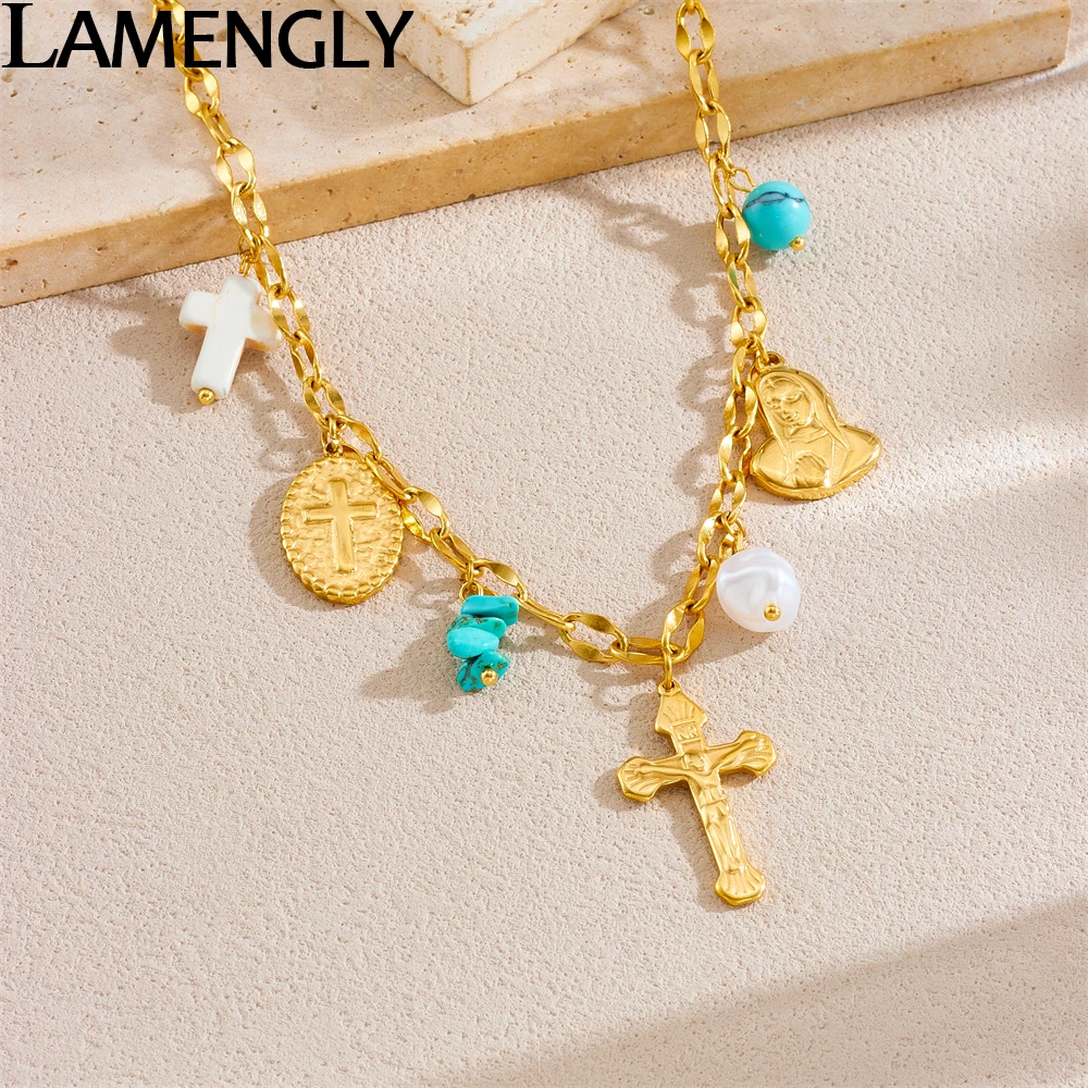 LAMENGLY 316L Stainless Steel Ethnic Style Jesus Portrait Cross Turquoise Pendant Necklace For Women Individual Chic Neck Chain
LAMENGLY 316L Stainless Steel Ethnic Style Jesus Portrait Cross Turquoise Pendant Necklace For Women Individual Chic Neck Chain