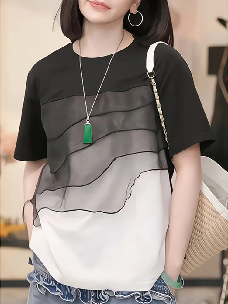 Korean Style Color Block Mesh Splice Short Sleeve T-Shirt Women Summer Loose Casual Ruffle round Neck Top Breathable Cotton
Korean Style Color Block Mesh Splice Short Sleeve T-Shirt Women Summer Loose Casual Ruffle round Neck Top Breathable Cotton