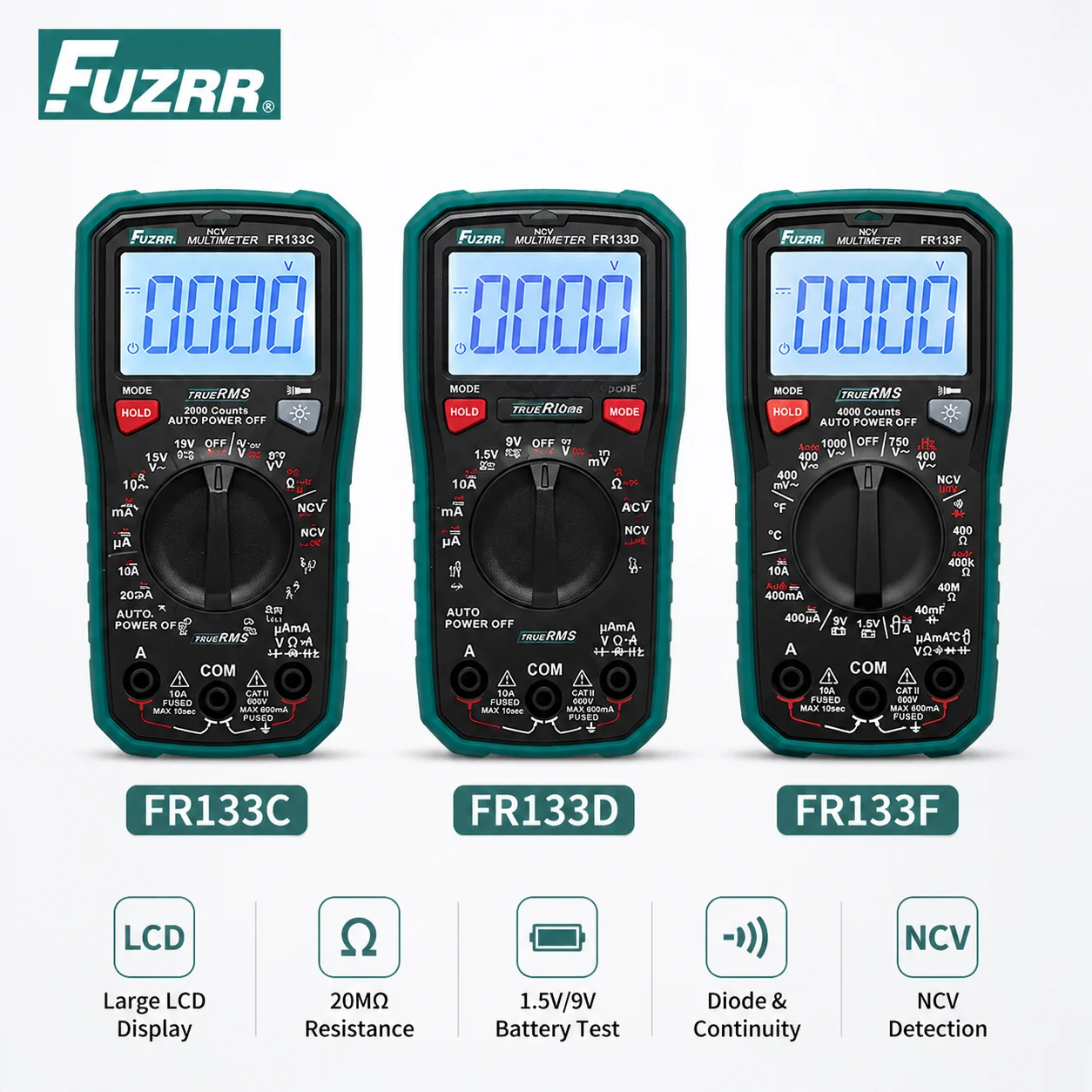 FUZRR FR133 Series 4000 Counts True RMS Digital Multimeter Compact 20/40MΩ Resistance Meter CAT II 600V Safety Rating
FUZRR FR133 Series 4000 Counts True RMS Digital Multimeter Compact 20/40MΩ Resistance Meter CAT II 600V Safety Rating