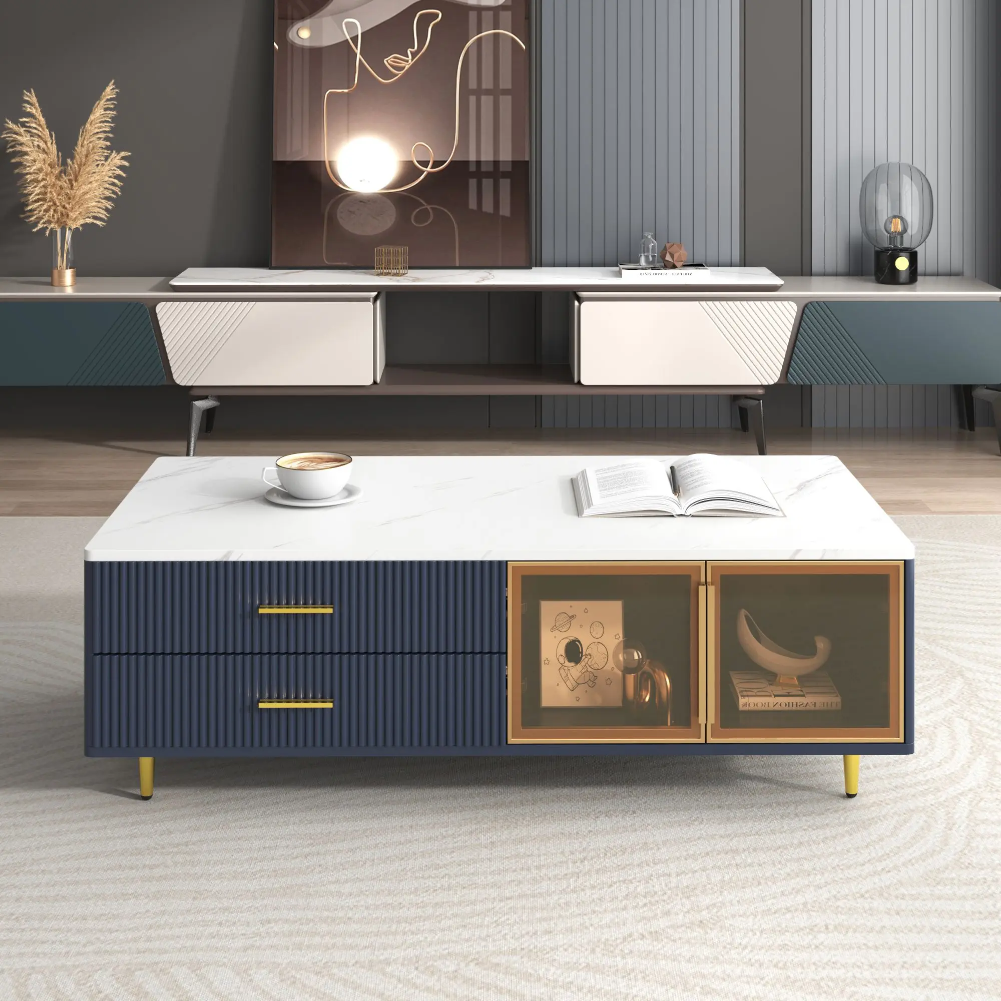 Modern Coffee Table with 2 Glass Door Storage, 4 Drawers, Gold Metal Legs, and Multi-Color Lighting in 47.2'',Café Tables
Modern Coffee Table with 2 Glass Door Storage, 4 Drawers, Gold Metal Legs, and Multi-Color Lighting in 47.2'',Café Tables