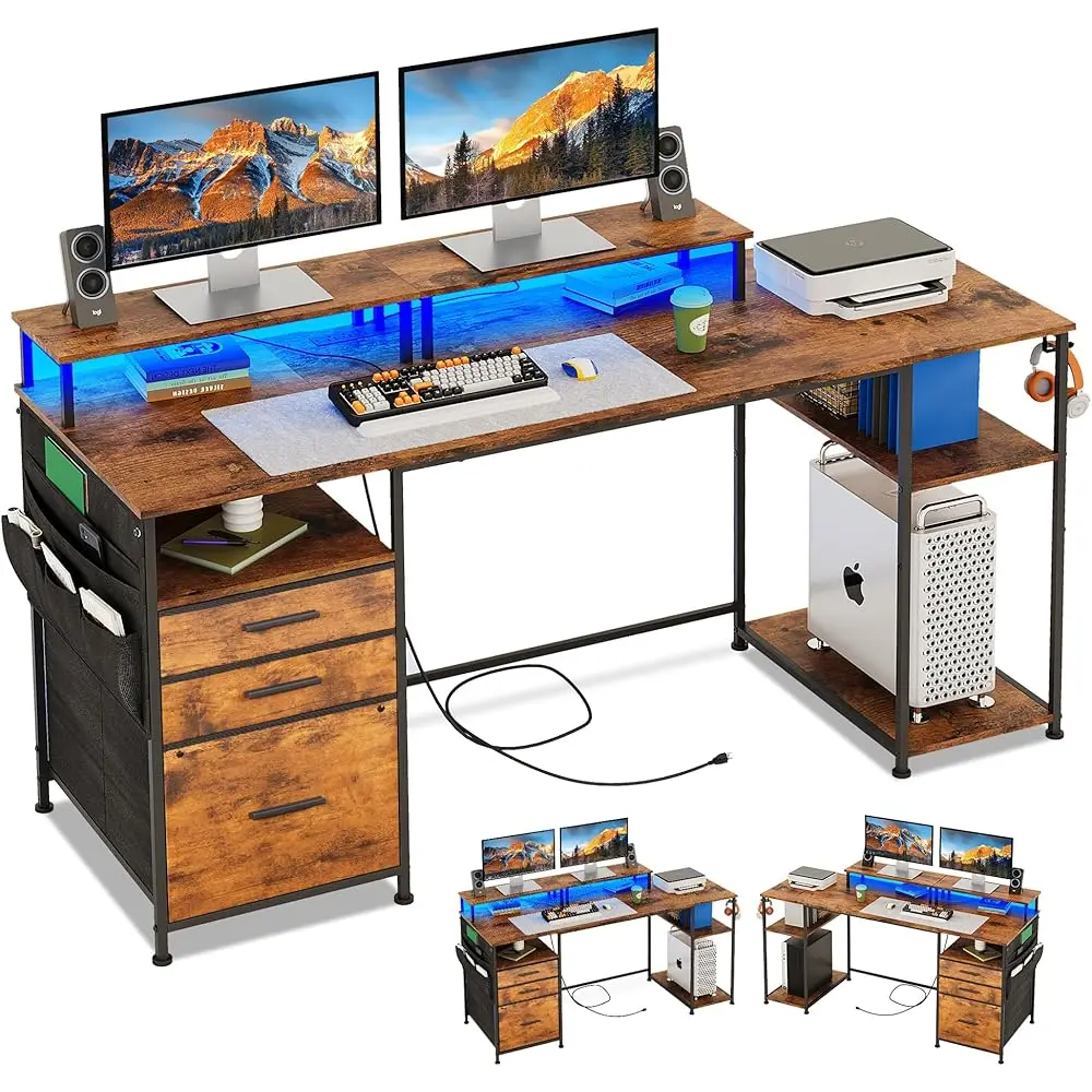 Computer Desk With 3 File Cabinet Drawers, 57.8'' Reversible Gaming Desk With Led Lights And Power Outlets, Office Desk With
Computer Desk With 3 File Cabinet Drawers, 57.8'' Reversible Gaming Desk With Led Lights And Power Outlets, Office Desk With