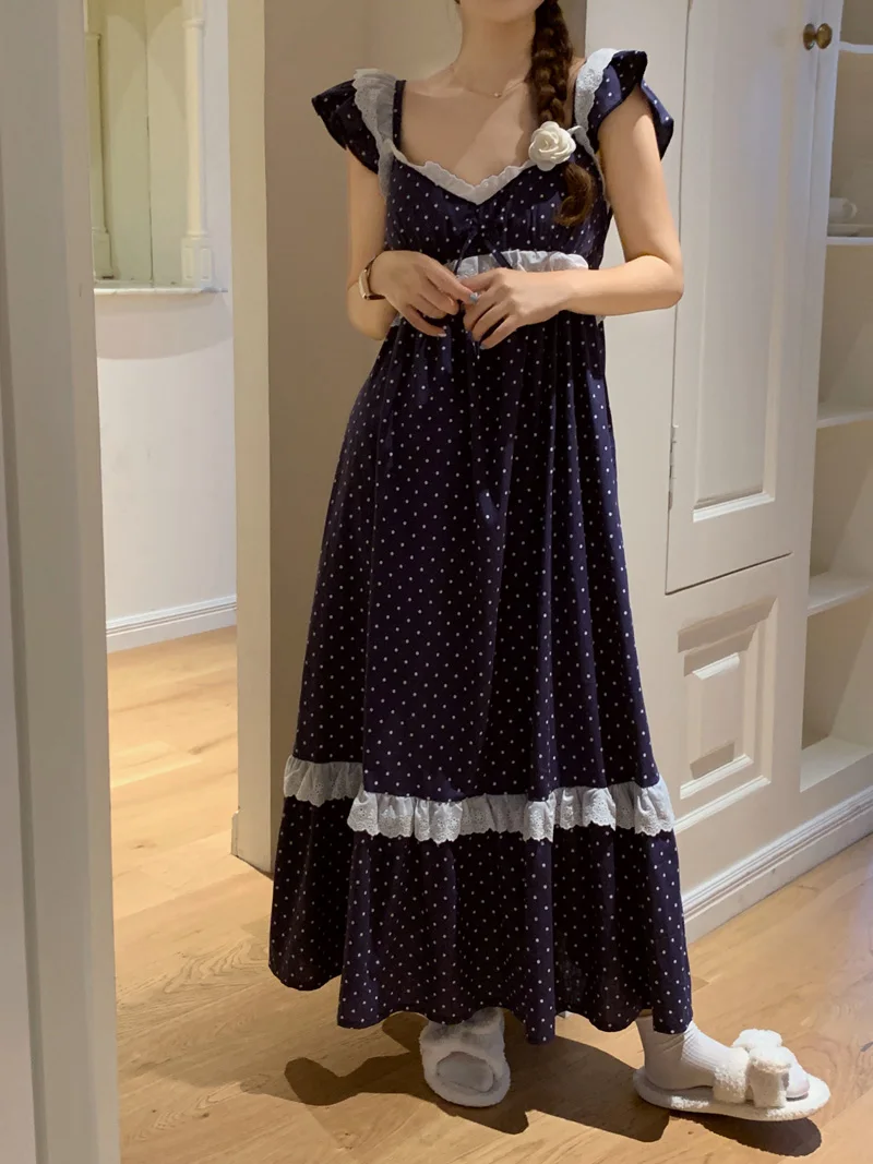 Navy Blue Polka Dot Print Summer Nightgown Women V-Neck Lace Patchwork Long Night Dress Loose Casual Cotton Sleepwear Vintage
Navy Blue Polka Dot Print Summer Nightgown Women V-Neck Lace Patchwork Long Night Dress Loose Casual Cotton Sleepwear Vintage