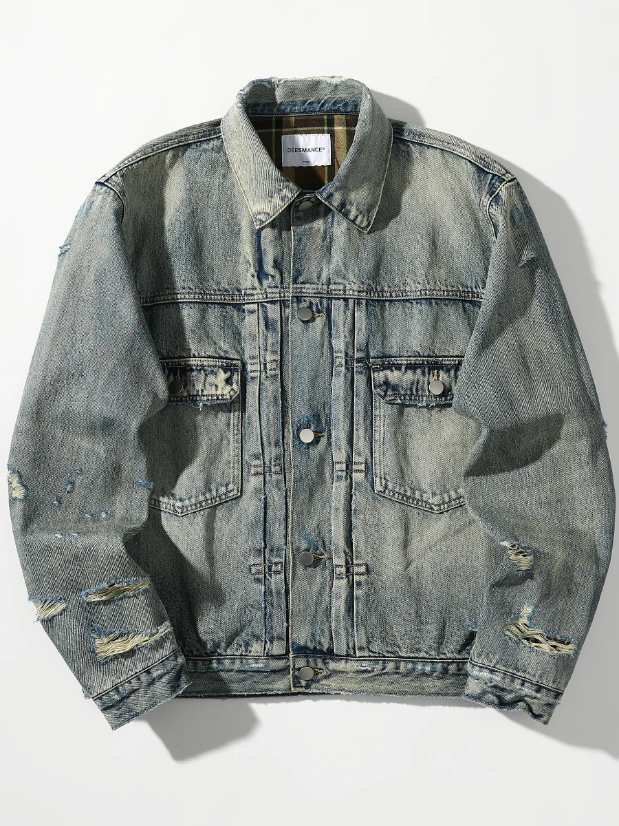 2025 Spring And Autumn New American Vintage Lapels Men's Washed Old Ripped Denim Jacket Loose Fashion Plaid Lined Casual Coat
2025 Spring And Autumn New American Vintage Lapels Men's Washed Old Ripped Denim Jacket Loose Fashion Plaid Lined Casual Coat