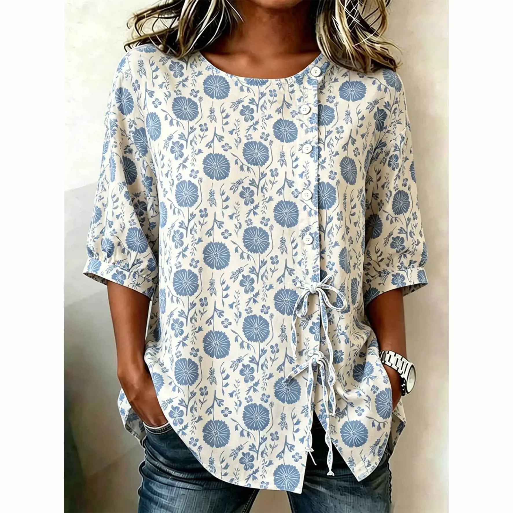 Women's Ditsy Blue Floral Print Button Down Blouse Side Tie Half Sleeve Casual Loose Summer Top
Women's Ditsy Blue Floral Print Button Down Blouse Side Tie Half Sleeve Casual Loose Summer Top