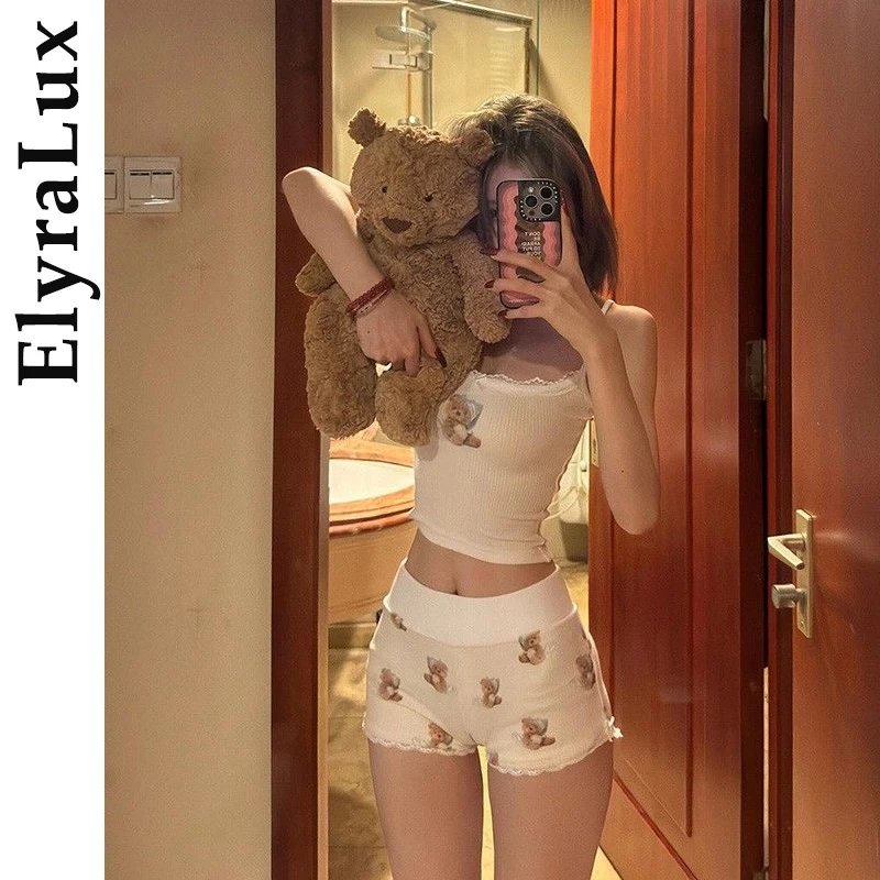 ElyraLux Pajama for Woman Summer Ice Silk Suspender Shorts Two-Piece Set Korean Style Loungewear Cute Bear Lace Trim Puer Desire
ElyraLux Pajama for Woman Summer Ice Silk Suspender Shorts Two-Piece Set Korean Style Loungewear Cute Bear Lace Trim Puer Desire