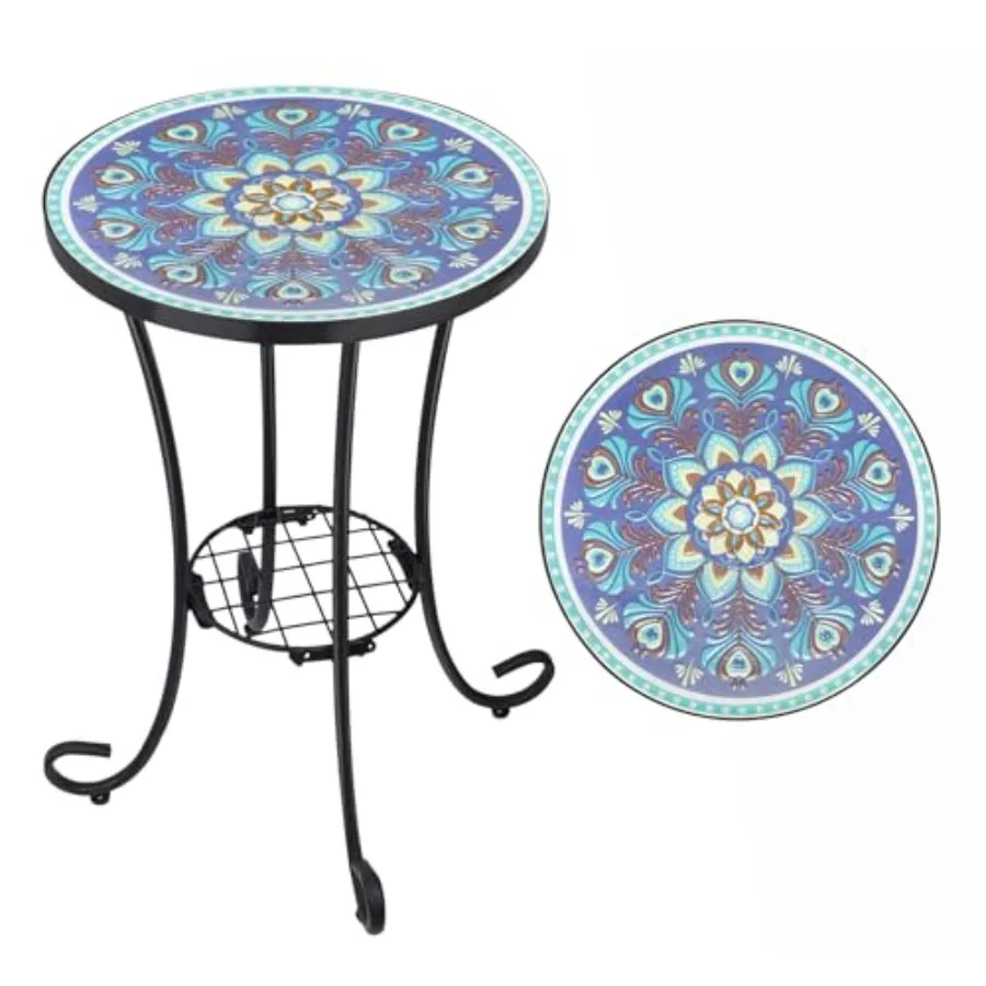 Outdoor side table for patio and balcony use, mosaic tile top with peacock feather pattern, metal frame, 14-inch round accent t
Outdoor side table for patio and balcony use, mosaic tile top with peacock feather pattern, metal frame, 14-inch round accent t