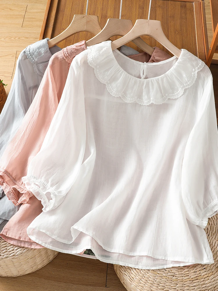 Loose Fit Embroidered Shirt Women's Summer New Style Baby Doll Collar Seven Quarter Sleeve Top Breathable Comfortable Fashion
Loose Fit Embroidered Shirt Women's Summer New Style Baby Doll Collar Seven Quarter Sleeve Top Breathable Comfortable Fashion