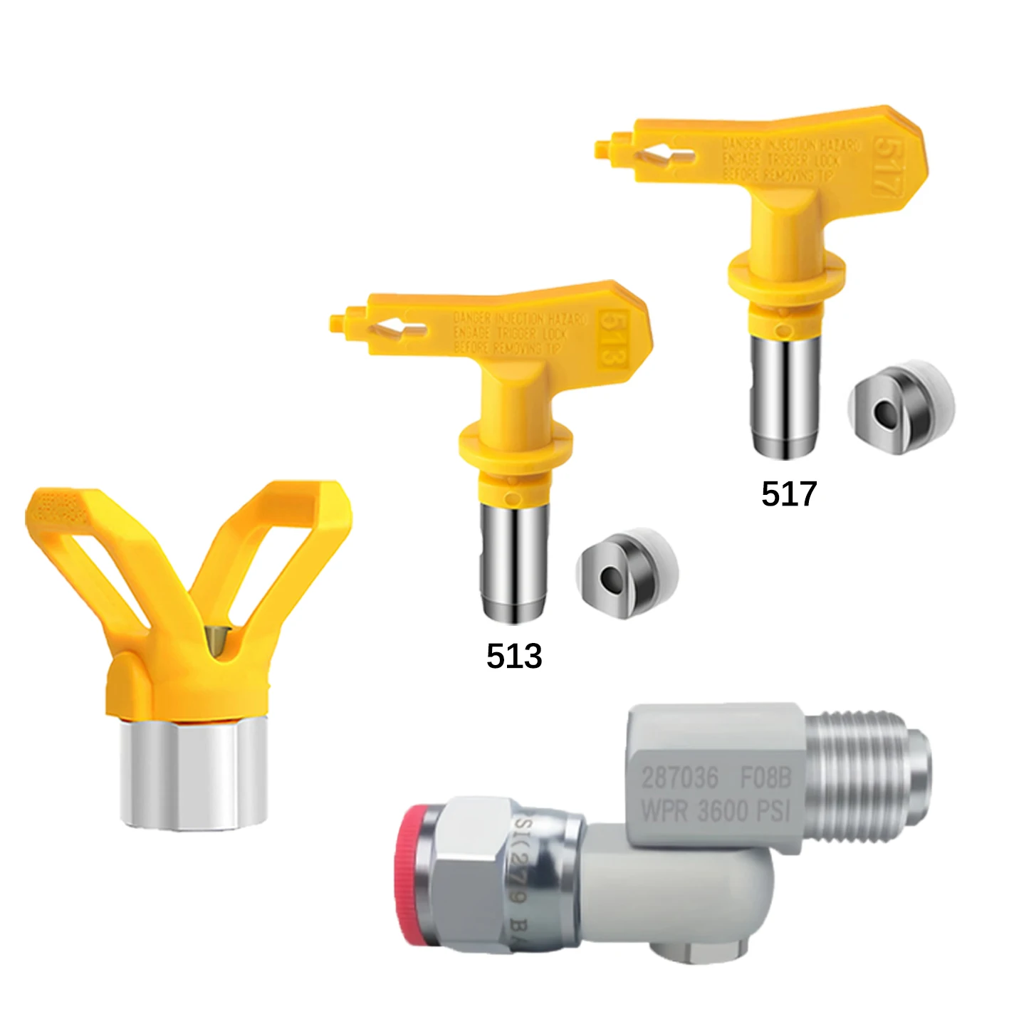 4Pcs Reversible Airless Paint Spray Tip Set with 360° Swivel Joint 287036, 1 Yellow Guard & 513/517 Nozzle for Paint Gun
4Pcs Reversible Airless Paint Spray Tip Set with 360° Swivel Joint 287036, 1 Yellow Guard & 513/517 Nozzle for Paint Gun