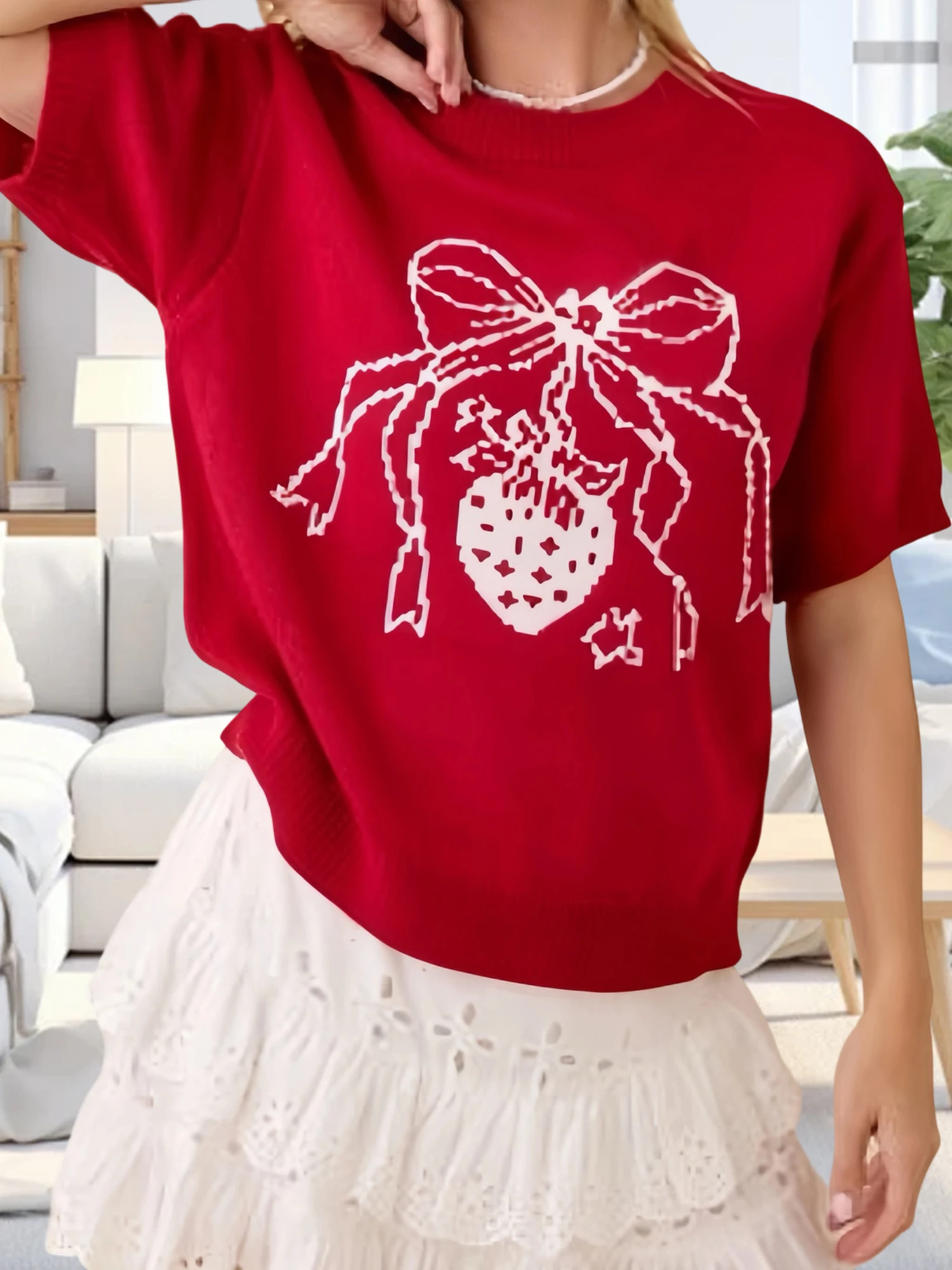 Женский осенне-зимний вязаный свитер с коротким рукавом и круглым вырезом с бантом и клубничным принтом, трикотаж
Женский осенне-зимний вязаный свитер с коротким рукавом и круглым вырезом с бантом и клубничным принтом, трикотаж