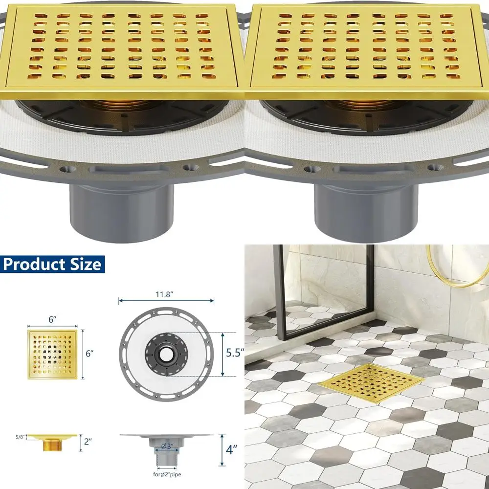 6 Golden 304 Stainless Steel Shower Drain with Removable Grate and PVC Waterproof Base
6 Golden 304 Stainless Steel Shower Drain with Removable Grate and PVC Waterproof Base