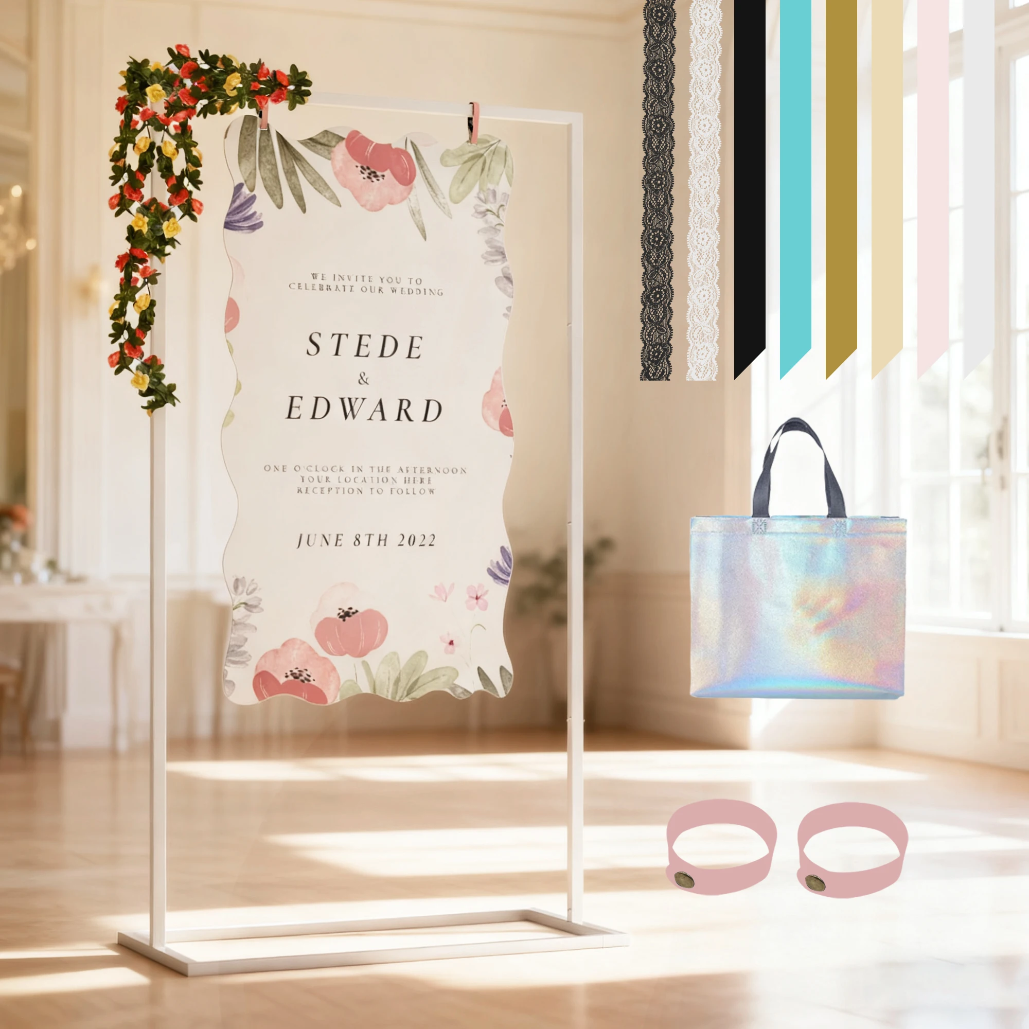 1 Piece, 31Inx57In Wedding Sign Metal Stand, with 8 Pairs of Satin Ribbons and 2 Pairs of Leather Sign Straps, Floral Garland, Heavy-Duty Floor-Standing Hanger
1 Piece, 31Inx57In Wedding Sign Metal Stand, with 8 Pairs of Satin Ribbons and 2 Pairs of Leather Sign Straps, Floral Garland, Heavy-Duty Floor-Standing Hanger