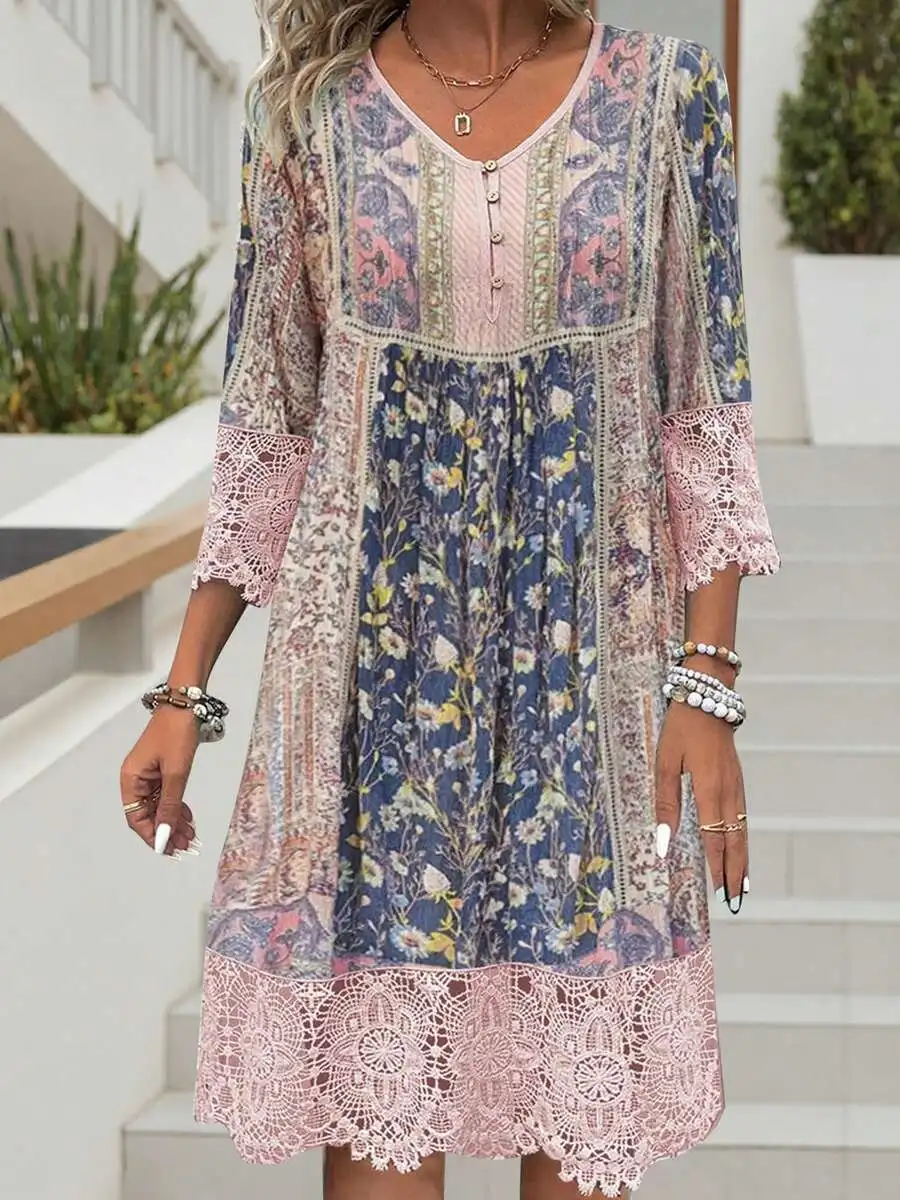 Women V Neck 3/4 Sleeve Floral Print Lace Trim Vintage Mini Dress
Women V Neck 3/4 Sleeve Floral Print Lace Trim Vintage Mini Dress