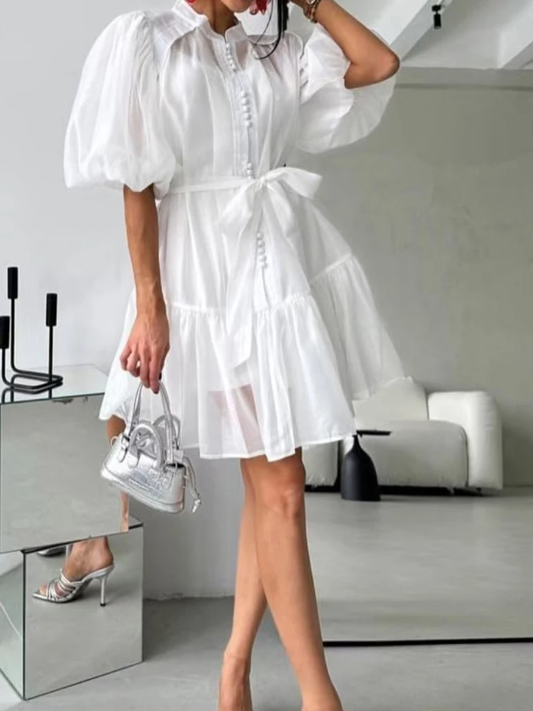 Fashion stand-up collar single-breasted dress Summer women's new bubble short sleeve waist lace-up big pendulum A-shaped skirt
Fashion stand-up collar single-breasted dress Summer women's new bubble short sleeve waist lace-up big pendulum A-shaped skirt
