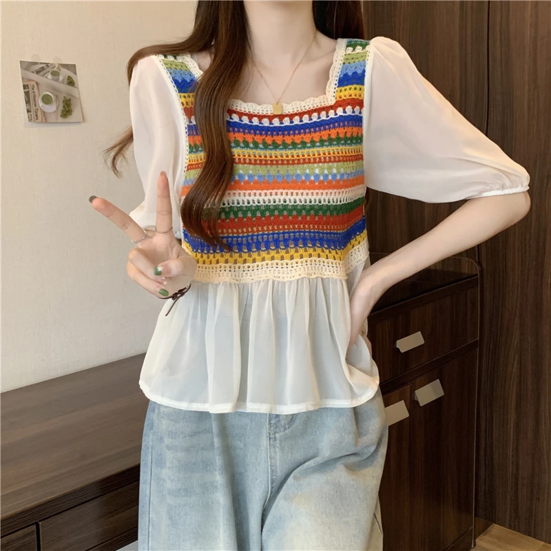 Korean Style Knitted Patchwork Color Block Square Collar Anti-Aging Fashionable Bubble Short Sleeve Women's Shirt Trendy
Korean Style Knitted Patchwork Color Block Square Collar Anti-Aging Fashionable Bubble Short Sleeve Women's Shirt Trendy