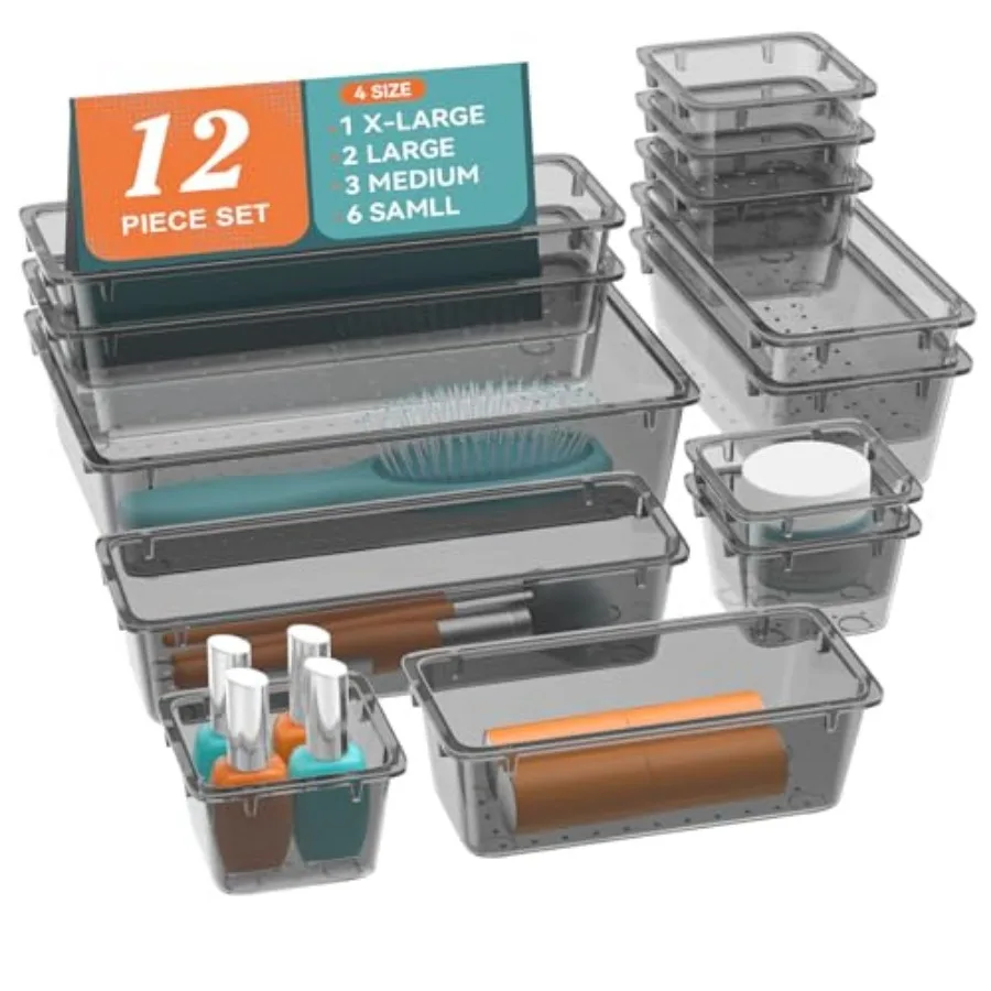 12-Piece Drawer Organizer Set, 4 Sizes Versatile Plastic Vanity Organizer for Makeup, Stationery, Gadgets, in Kitchen, Bathroom
12-Piece Drawer Organizer Set, 4 Sizes Versatile Plastic Vanity Organizer for Makeup, Stationery, Gadgets, in Kitchen, Bathroom