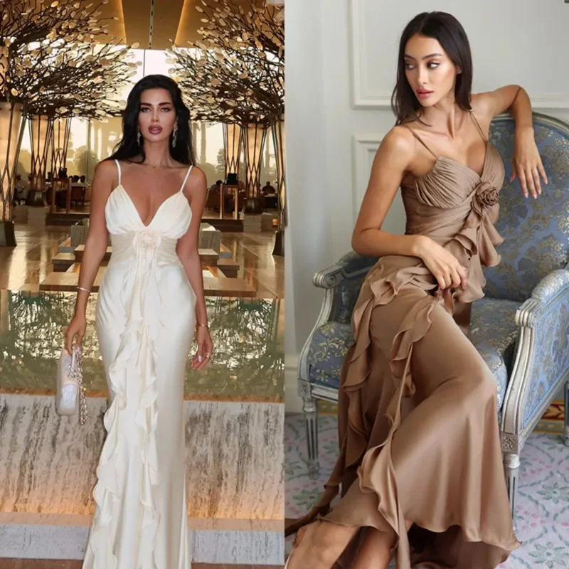 Chic Elegant Satin Maxi Dress For Women 3D Flower Ruffle Backless Slim Fit Sleeveless Pleated Long Dress Evening Party Clubwear
Chic Elegant Satin Maxi Dress For Women 3D Flower Ruffle Backless Slim Fit Sleeveless Pleated Long Dress Evening Party Clubwear