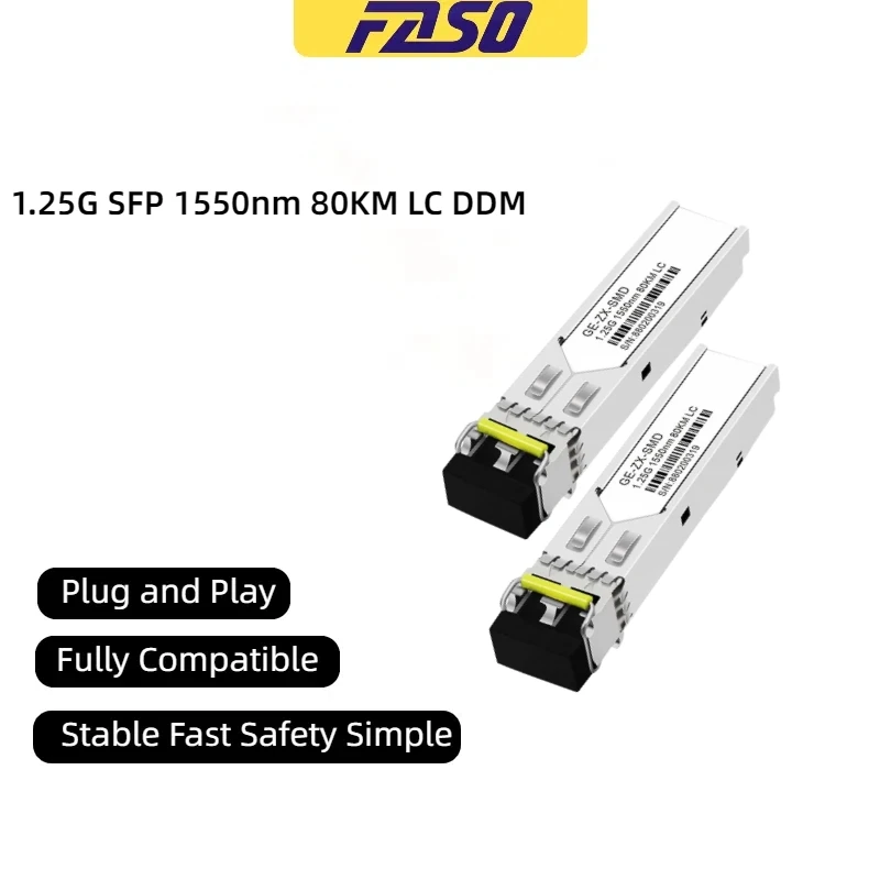 1.25G LC SFP Copper Module 80KM 1550nm Single Mode Double Fiber Optical Module Compatible With Cisco/Mikrotik Ethernet Switch
1.25G LC SFP Copper Module 80KM 1550nm Single Mode Double Fiber Optical Module Compatible With Cisco/Mikrotik Ethernet Switch