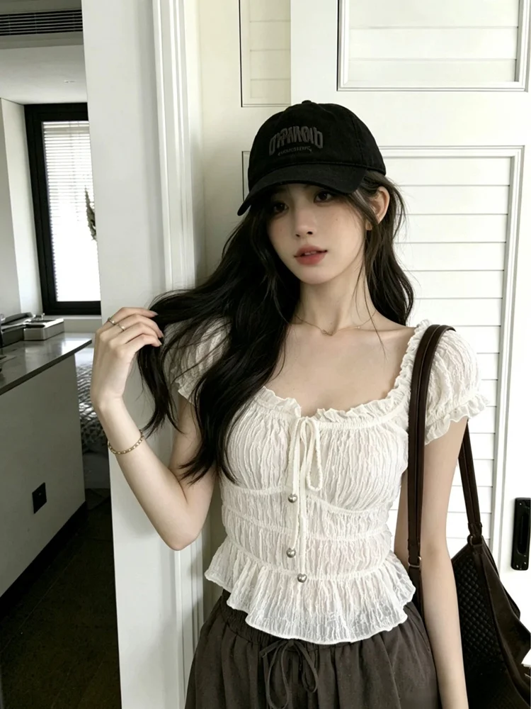 Slimming Fitted U-Neck Bubble Sleeve Shirt Women's French Style Shirt with Bow Knot Pleated Wood Grain Short Sleeve Top
Slimming Fitted U-Neck Bubble Sleeve Shirt Women's French Style Shirt with Bow Knot Pleated Wood Grain Short Sleeve Top