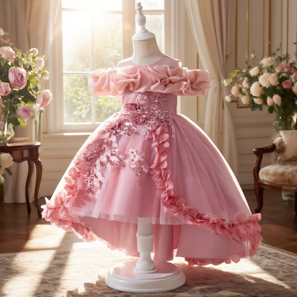 Girls floral embroidery dress with tail design high-end dress for dance piano and photo photography
Girls floral embroidery dress with tail design high-end dress for dance piano and photo photography