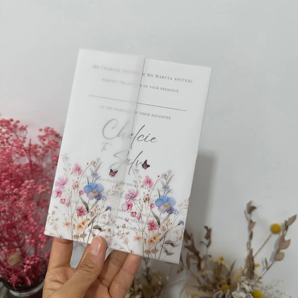 beautiful wild flowers and butterfly Vellum Jacket Wrap suitable for a 5 x 7 Wedding Invitation
beautiful wild flowers and butterfly Vellum Jacket Wrap suitable for a 5 x 7 Wedding Invitation