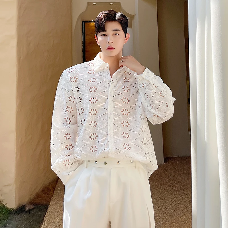 Summer Men's Long Sve Lace Hollow out irt Korean Sle Luxury Aosphere Youth Trend Loose Fit Pure Color Polyester
Summer Men's Long Sve Lace Hollow out irt Korean Sle Luxury Aosphere Youth Trend Loose Fit Pure Color Polyester