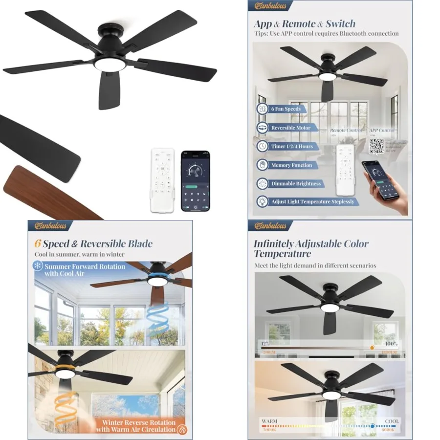 Ceiling Fans with Lights, Smart Flush Mount Ceilg Fan and Remote APP, Modern Low Profile, 3CCT 20W LED with 6-Speeds Quiet Reve
Ceiling Fans with Lights, Smart Flush Mount Ceilg Fan and Remote APP, Modern Low Profile, 3CCT 20W LED with 6-Speeds Quiet Reve