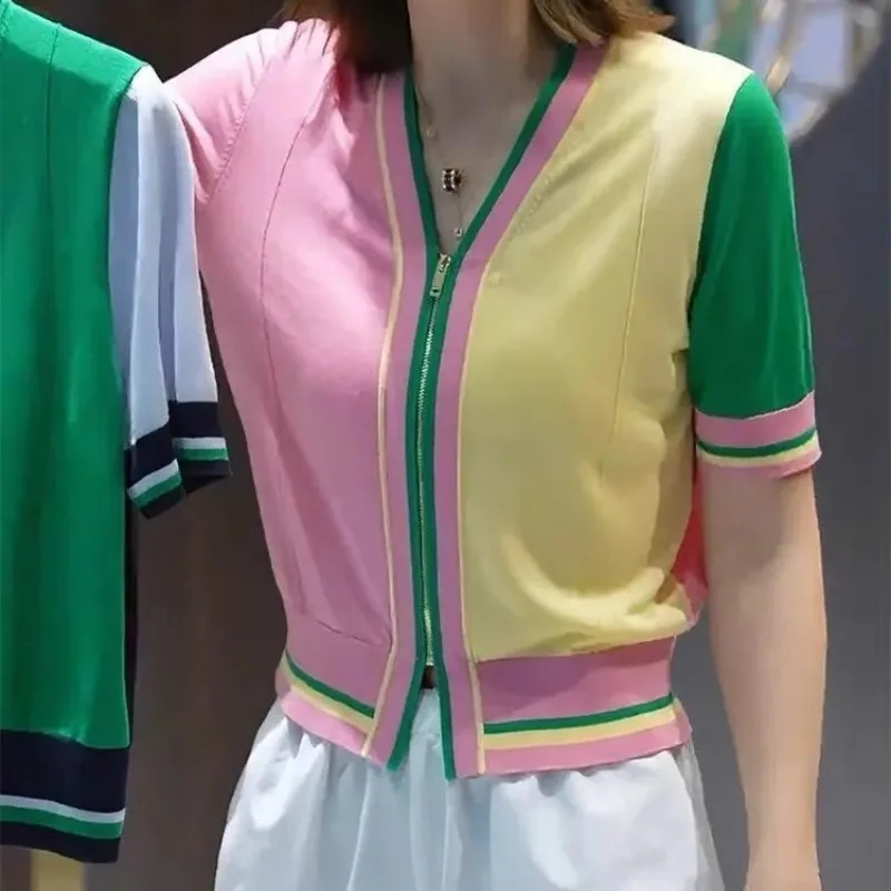 Spring Summer Jacket Cropped Cardigan Knit Tops Diamante V-neck Slim T-shirt Ice Silk Thin Jacket Women Clothing Trend High-end
Spring Summer Jacket Cropped Cardigan Knit Tops Diamante V-neck Slim T-shirt Ice Silk Thin Jacket Women Clothing Trend High-end