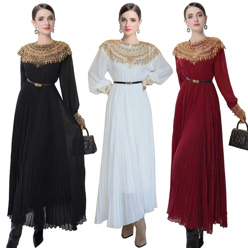2025 Spring and Summer New Round Neck Long-sleeved Retro Beaded Sequined Gold Pleated Skirt Loose Long Dresses Heavy Industry
2025 Spring and Summer New Round Neck Long-sleeved Retro Beaded Sequined Gold Pleated Skirt Loose Long Dresses Heavy Industry