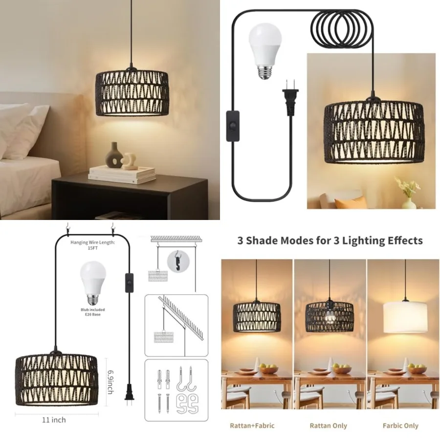 Plug in Pendant Light, Rattan Hanging Lights with Plug in Cord, Woven and Fabric 2 in 1 LampShade, Hanging Lamp Plug in for Bed
Plug in Pendant Light, Rattan Hanging Lights with Plug in Cord, Woven and Fabric 2 in 1 LampShade, Hanging Lamp Plug in for Bed