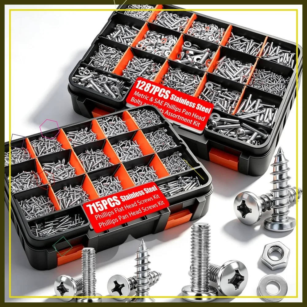 2002PCS 304 Stainless Steel Hardware Assortment Kit, Metric & SAE Machine Screws, Nuts, Bolts, Washers with Organizer Box
2002PCS 304 Stainless Steel Hardware Assortment Kit, Metric & SAE Machine Screws, Nuts, Bolts, Washers with Organizer Box