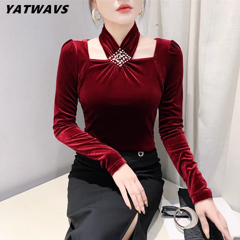 2025 Women Fashion Elegant Halter Collar Shiny Hot Diamonds T-shirts Female Long Sleeve Slim Pullover Tops Chic Sexy Velvet Tees
2025 Women Fashion Elegant Halter Collar Shiny Hot Diamonds T-shirts Female Long Sleeve Slim Pullover Tops Chic Sexy Velvet Tees