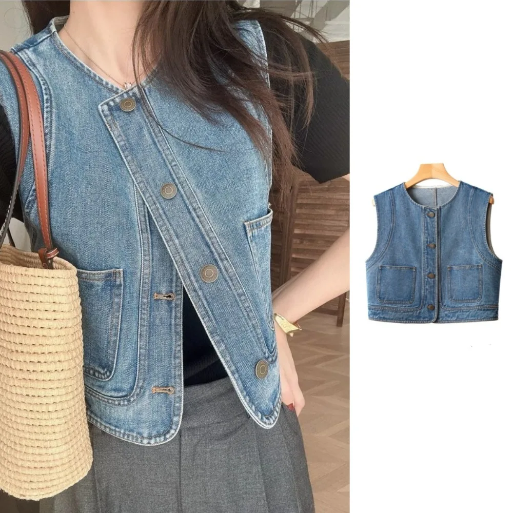 Casual Y2K Vintage Denim Vests Blue Round Neck Button-up Short Coats Streetwear All Match Cropped Sleeveless Jacket Girls
Casual Y2K Vintage Denim Vests Blue Round Neck Button-up Short Coats Streetwear All Match Cropped Sleeveless Jacket Girls